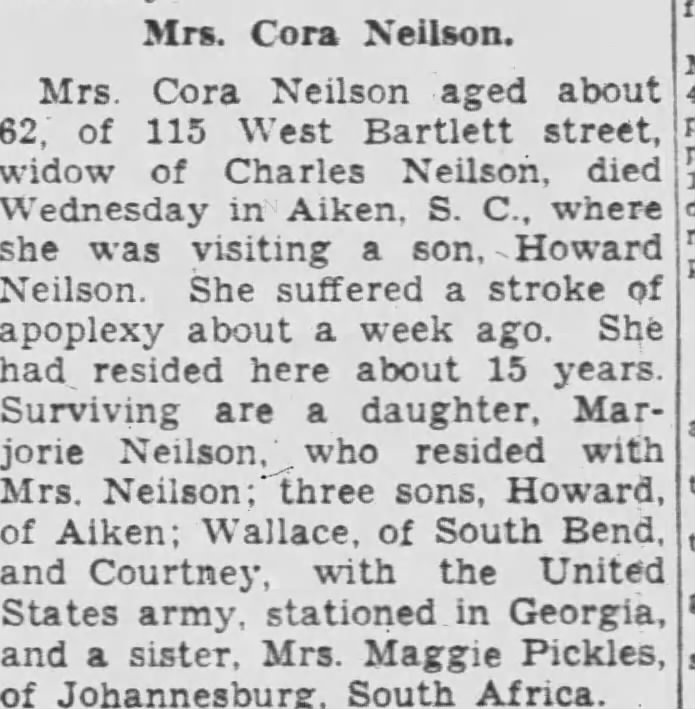 Obituary for Cora Neilson (Aged 62), died 18 Dec 1940 in Aiken, S. C.