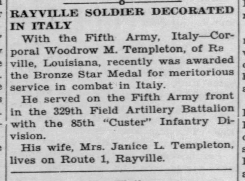 Rayville soldier Woodrow M. Templeton decorated in Italy