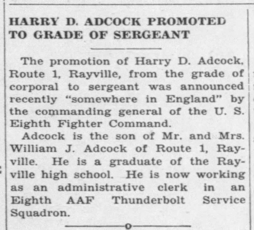 Harry D. Adock promoted to grade of Sergeant