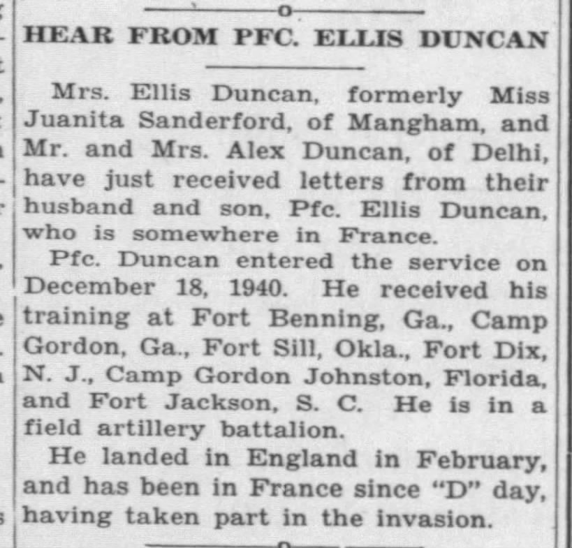 Letter home from PFC. Ellis Duncan