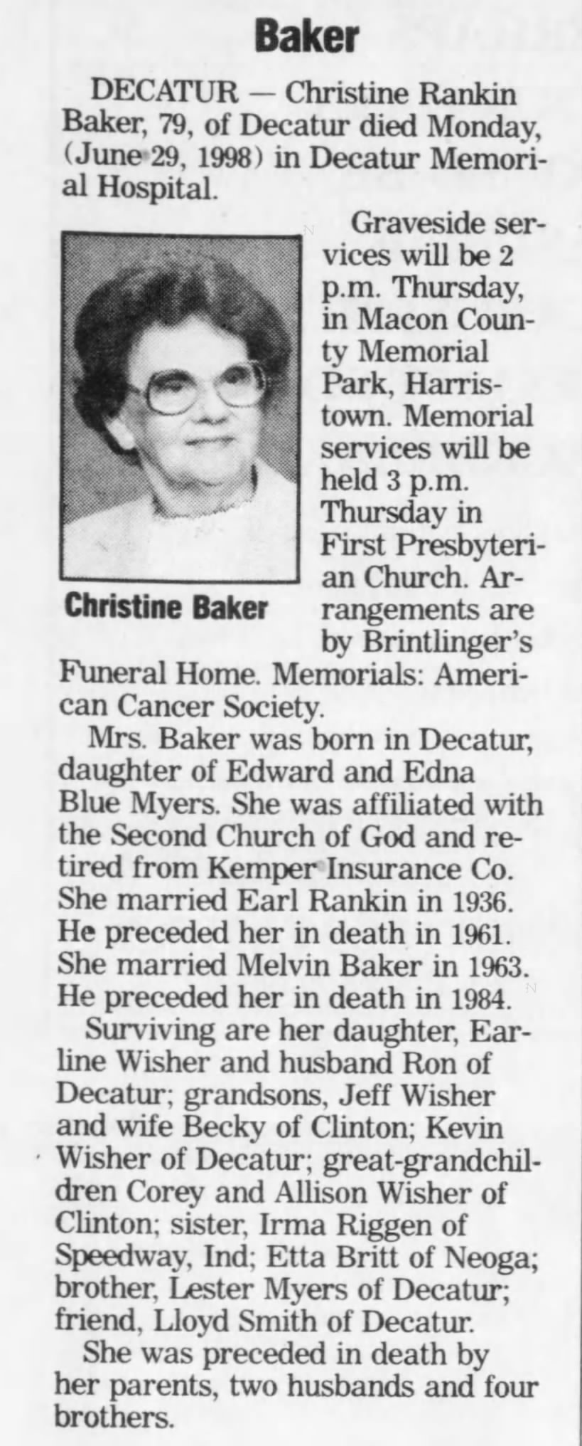 Obituary for Christine Rankin Baker (Aged 79)