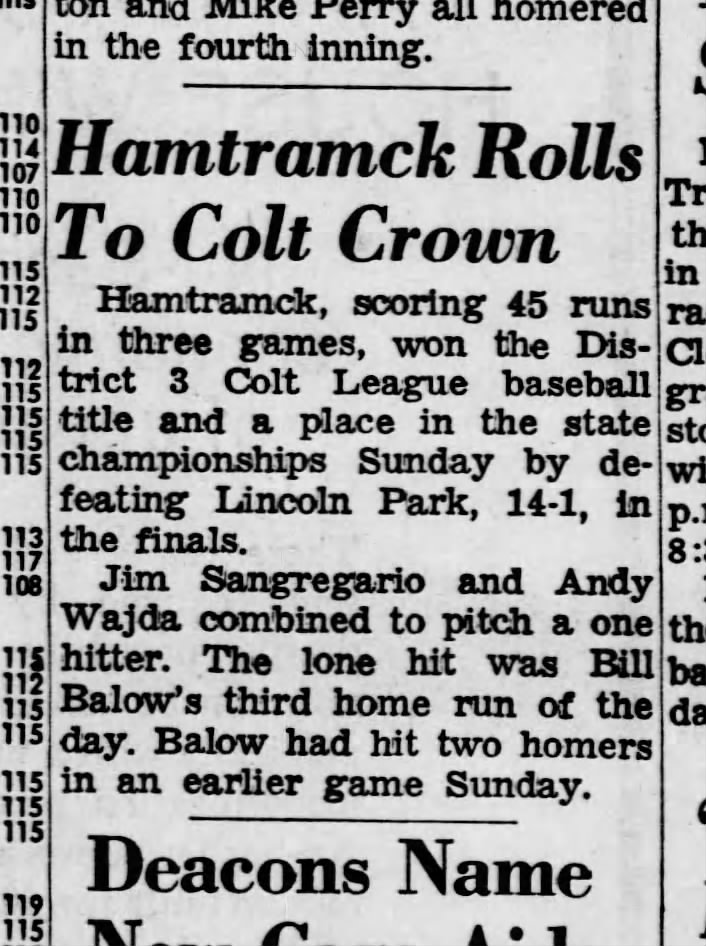 Sangregario,Jim Baseball, Hamtramck pitching, Detroit Free Press, 25 Jul 1966 pg 38 Newspapers.com