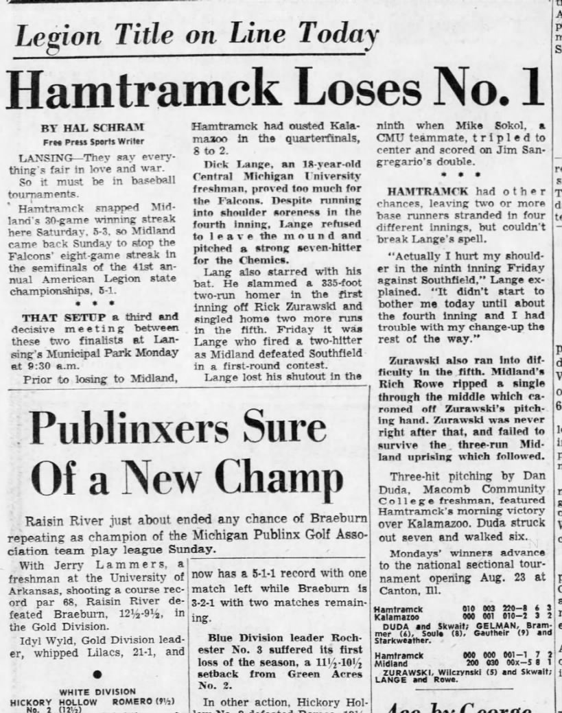 Sangregario, Jim & Hamtramck BaseBall Detroit Free Press 14 Aug 1967 pg 36 Newspapers.com