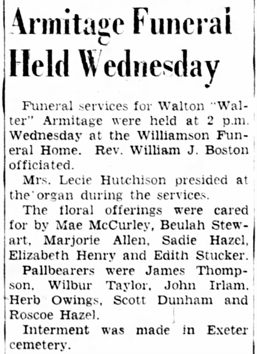 Elihu Walter ARMITAGE 1951 Funeral.