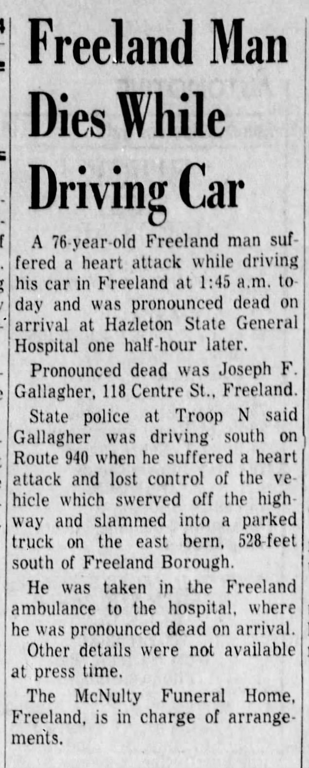 Joseph F. Gallagher Dies While Driving Car