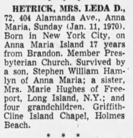 Mrs. Leda D. (Marr) Hetrick death notice
