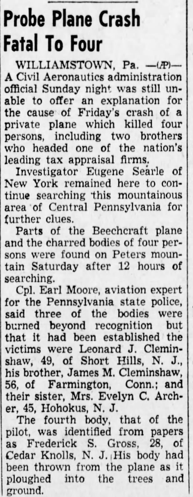 Frederick S. Gross, Plane Crash Dec 4th, 1953.