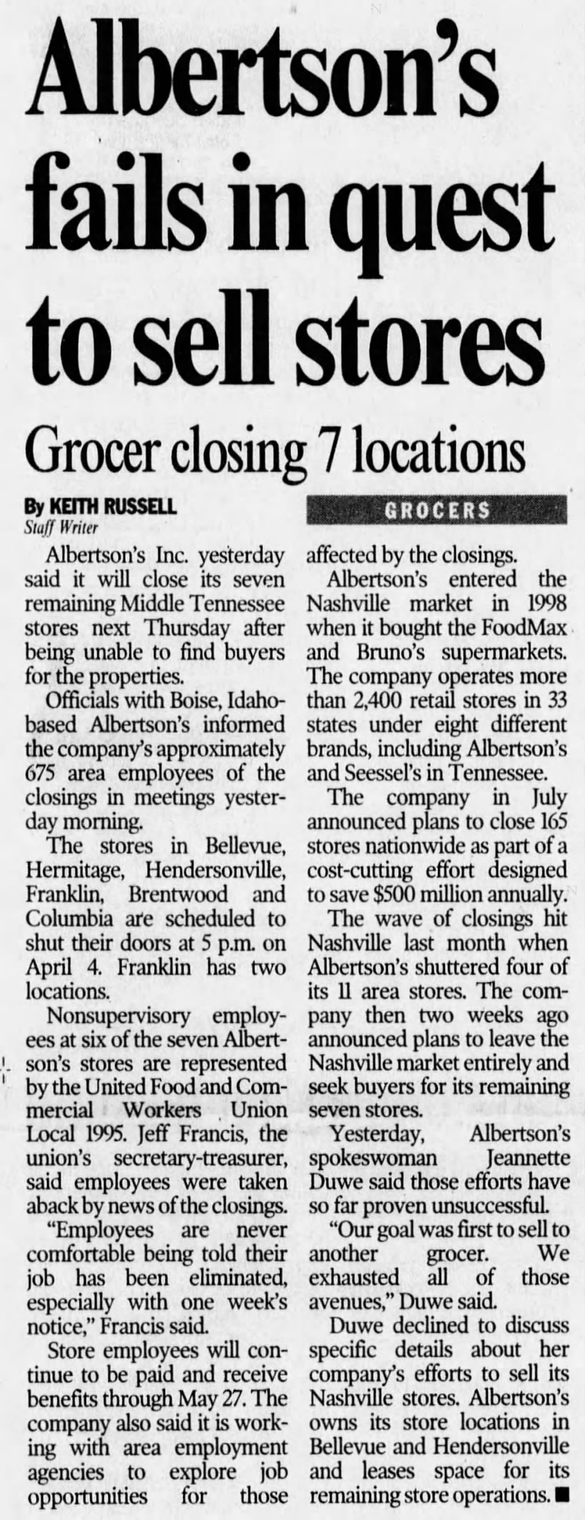 Albertson's fails in quest to sell store - remaining Nashville locations will close on April 5