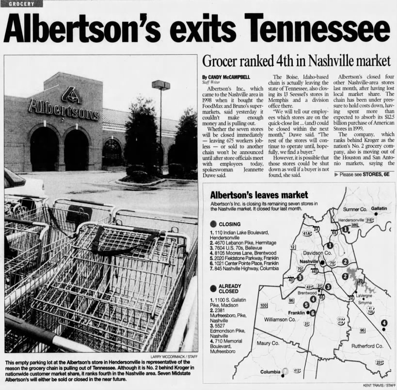 Albertsons Exits Tennessee - Picture of former FoodMax in Hendersonville