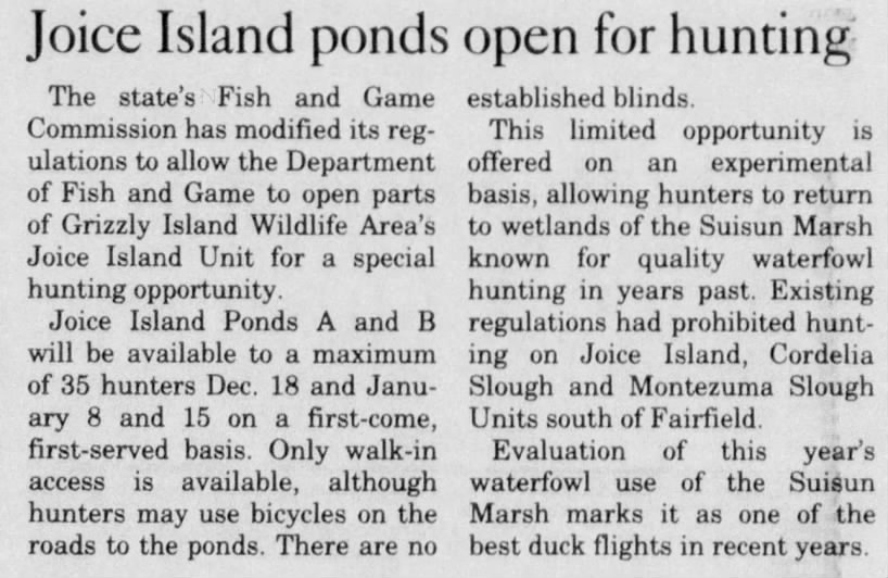 Joice Island ponds open for hunting