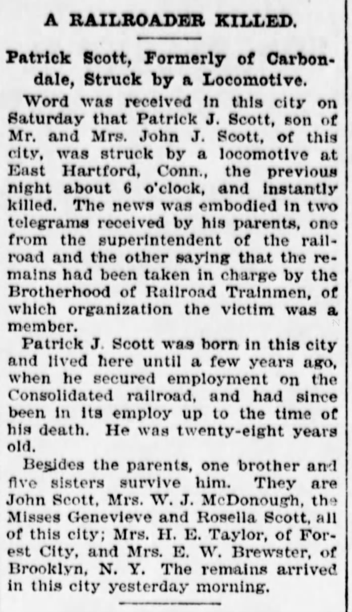 Patrick Scott, son of Mr. & Mrs. John J. Scott, hit by train.  7 Jan 1901 Scranton Tribune