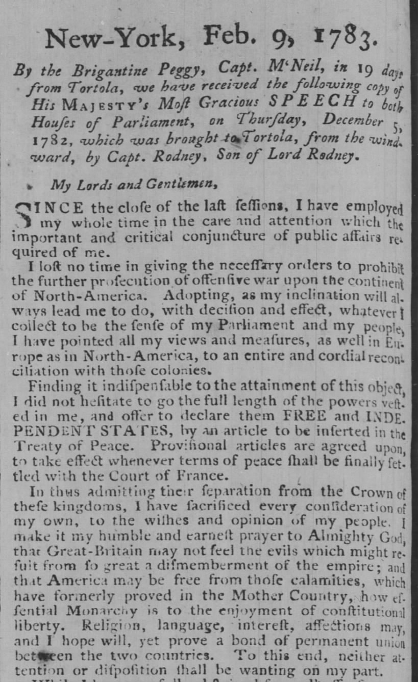 Report of George III's speech to Parliament 5 Dec 1782