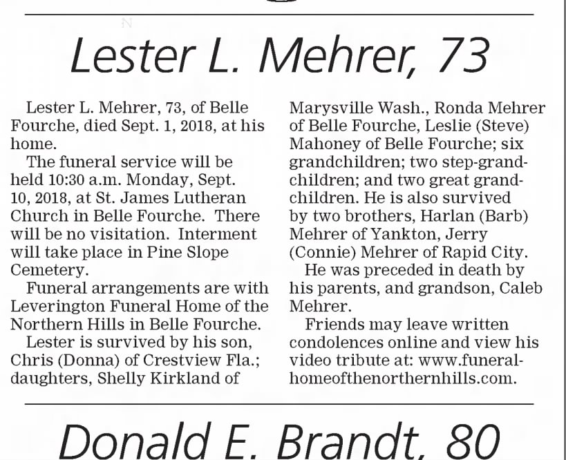 Obituary for Lester L. Mehrer