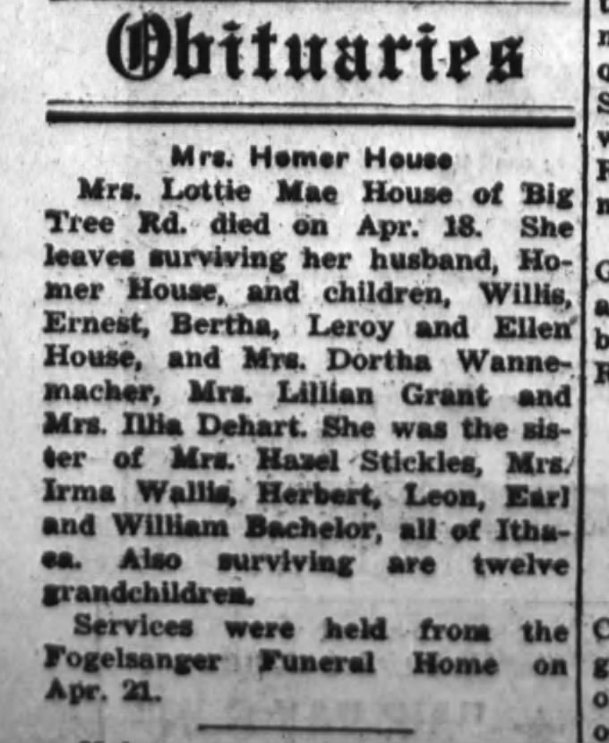 Mrs. Homer House, Mother of Mrs. Lillian Grant Obit