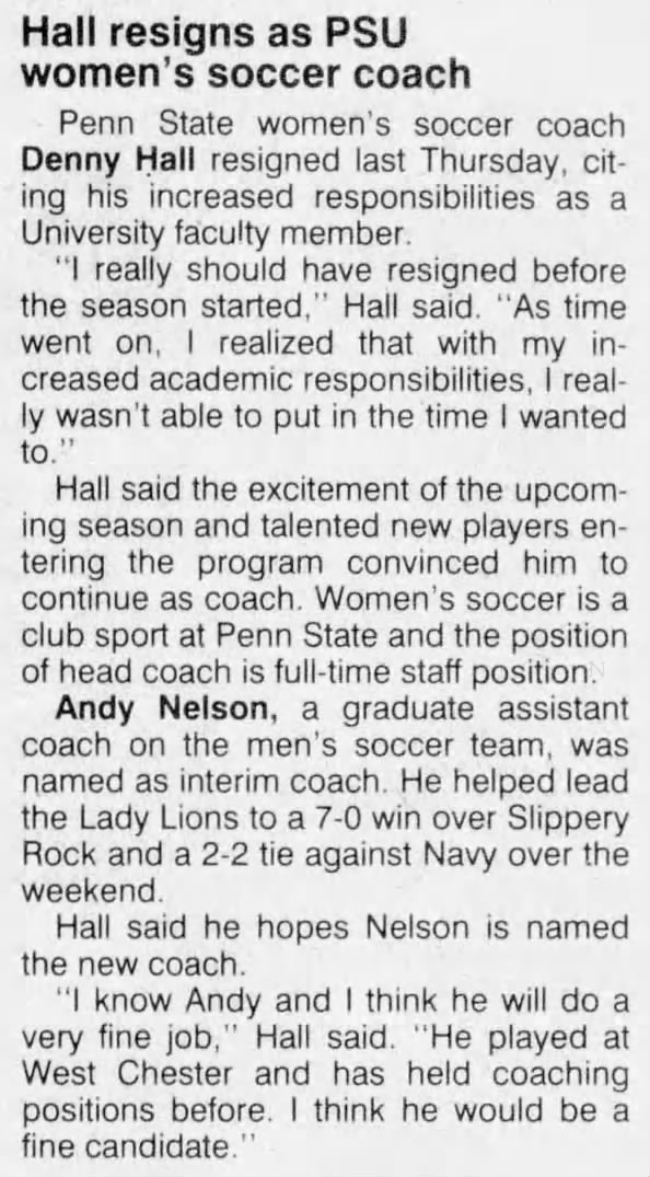Hall resigns as PSU women's soccer coach