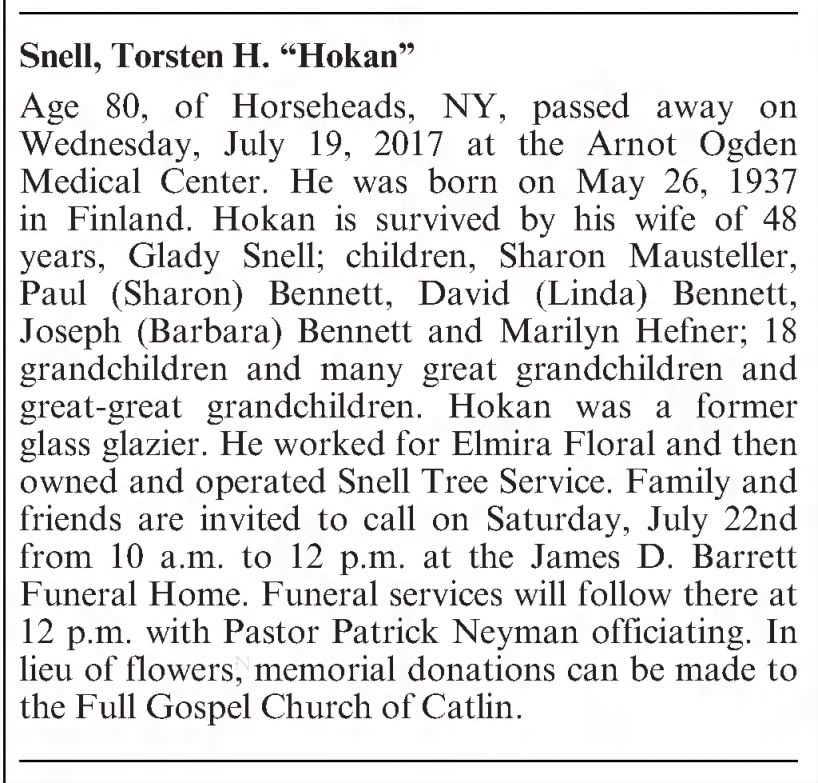 Torsten H. Snell (Hokan) Obituary