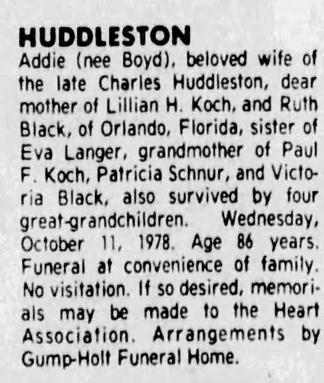 Obituary for Addie HUDDLESTON