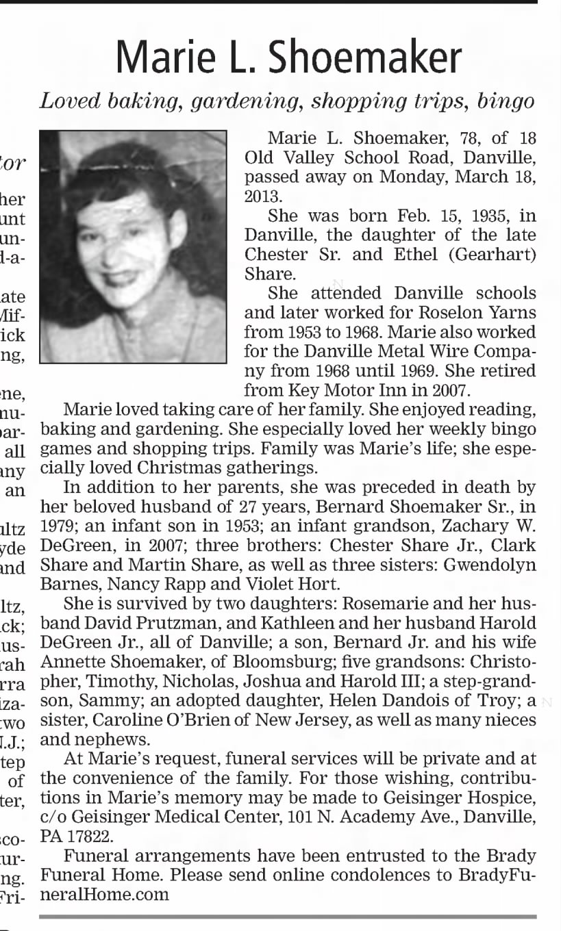 Obituary for Marie Louise (Share) Shoemaker