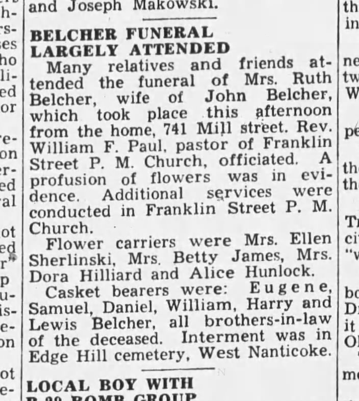 Funeral notice for Mrs. Ruth Belcher