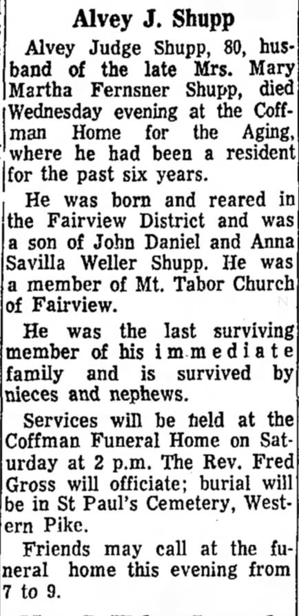 Shupp, Alvey Judge-Death-12 Nov 1969