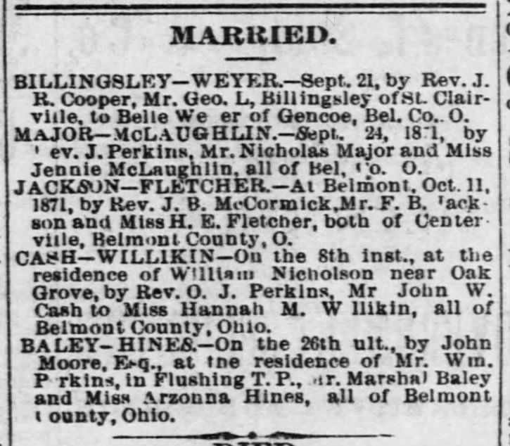 Marriage announcement George L Billingsley and Belle Weyer