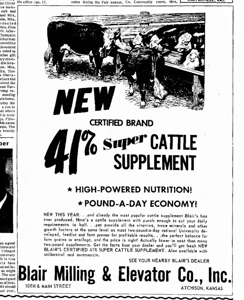 Blair Milling Cattle Supplement Ad - Atchinson Daily Globe, 9 Jan 66