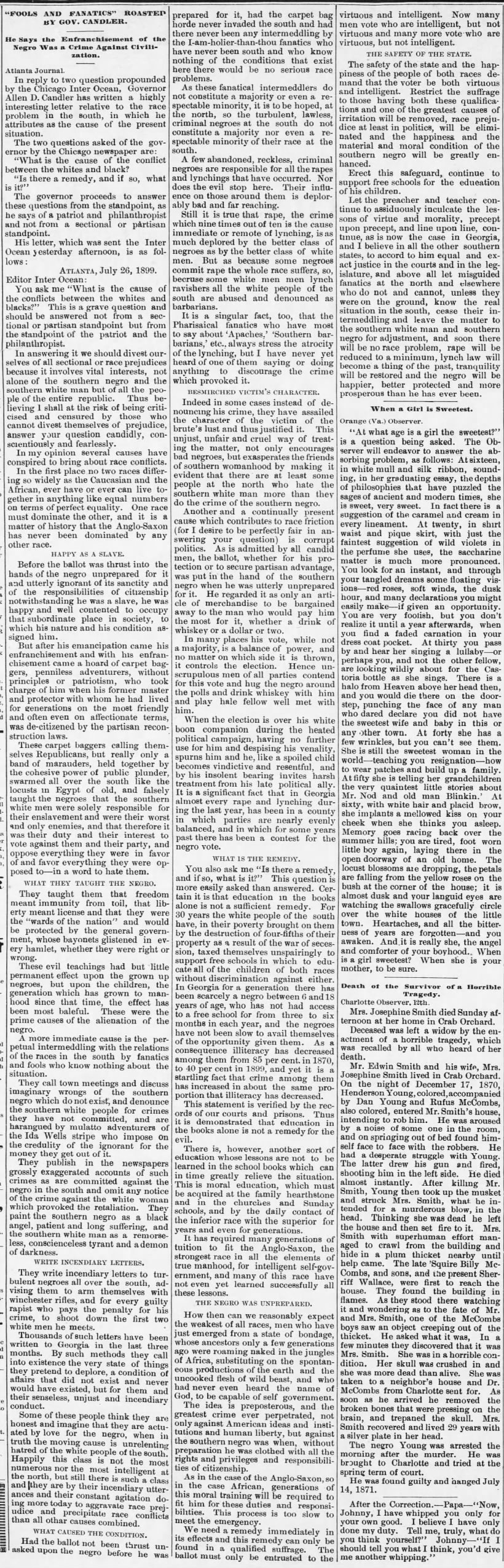 Racist newspaper column by Governor Allen D. Candler (Georgia) 1899