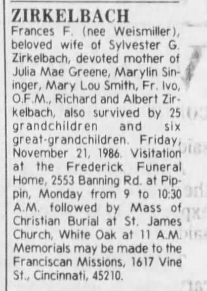 Obituary for Frances F. ZIRKELBACH