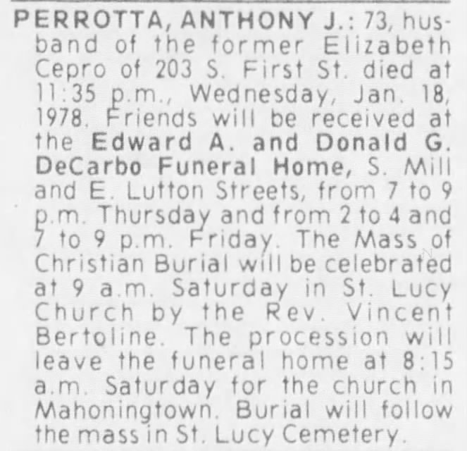 Perrotta, Anthony j. notice of funeral