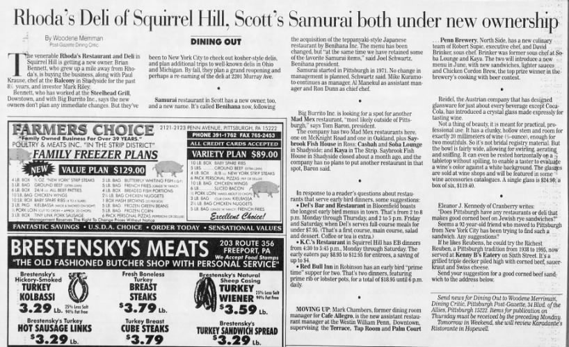 Merriman, Woodene, "Rhoda's Deli of Squirrel Hill, Scott's Samurai both under new ownership"