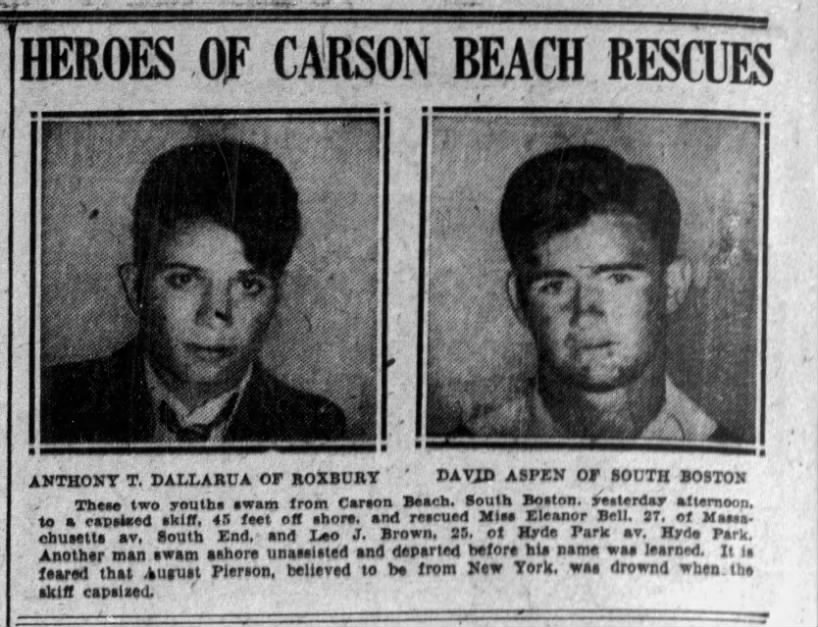 Article w/ photos of rescuers in Carson Beach incident.