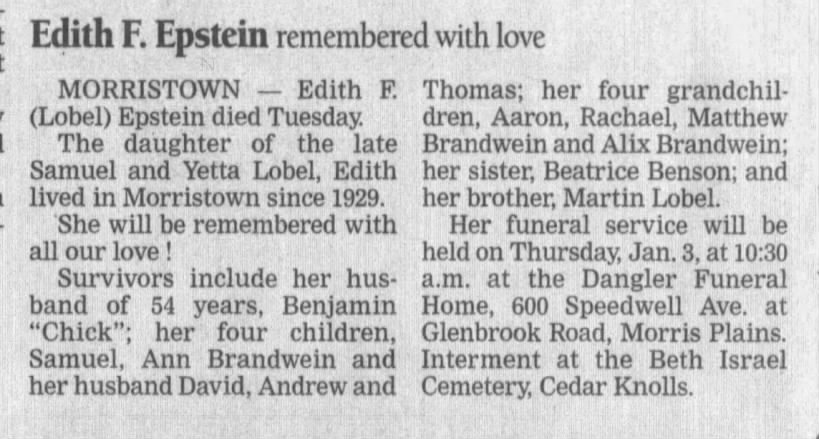 Edith F. Epstein death 2002
