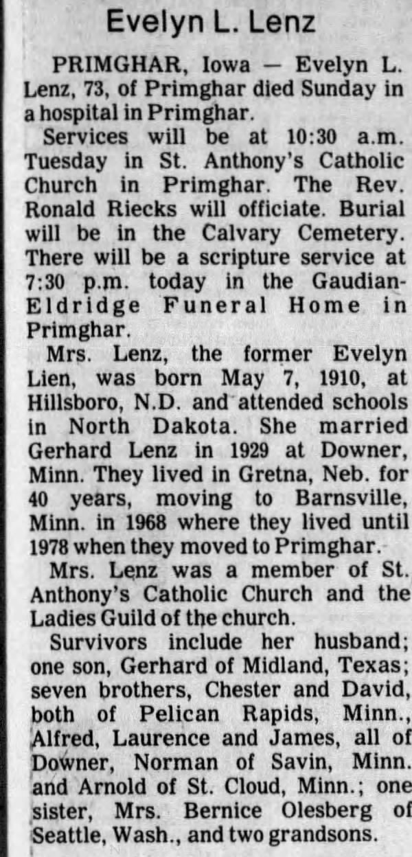 Obituary for Evelyn L. Lenz (Aged 73)