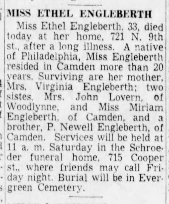 Ethel Engleberth, Camden NJ 29 May 1952