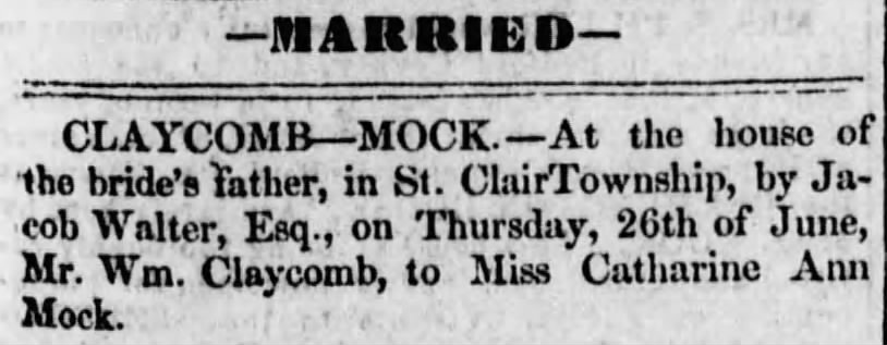 William Claycomb and Catharine Mock marriage notice