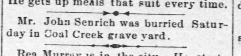 John Senrich - buried in Coal Creek grave yard