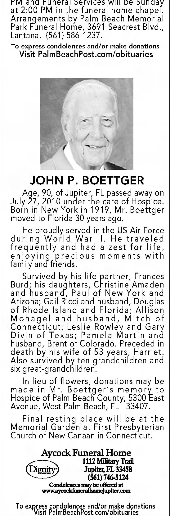 Obituary for JOHN P. BOETTGER, 1919-2010 (Aged 90)
