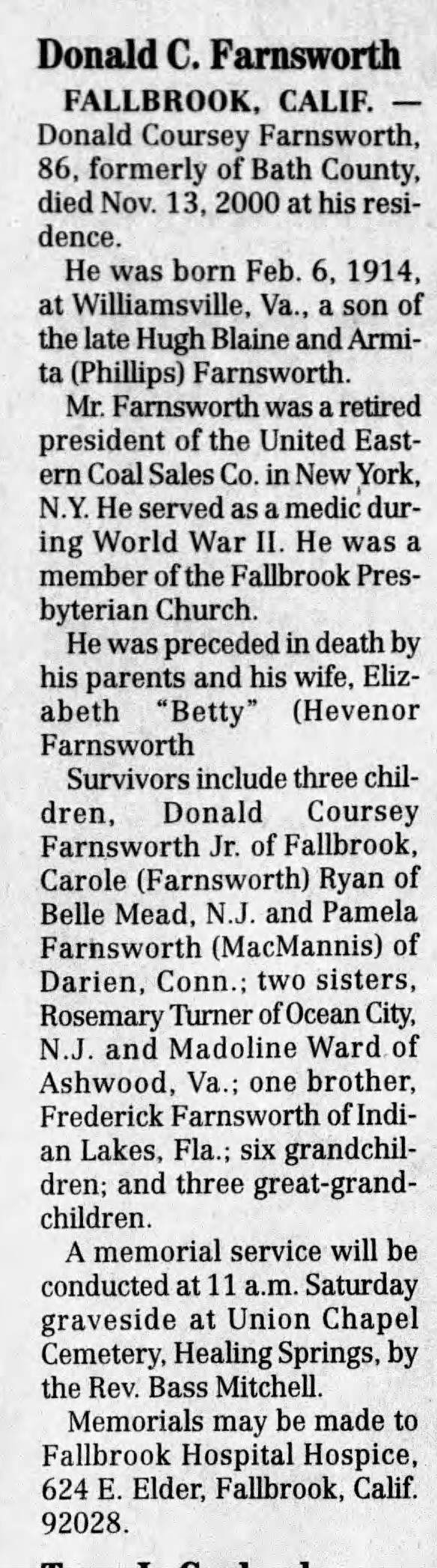 Obituary for Donald G. Farnsworth, 1914-2000 (Aged 86)