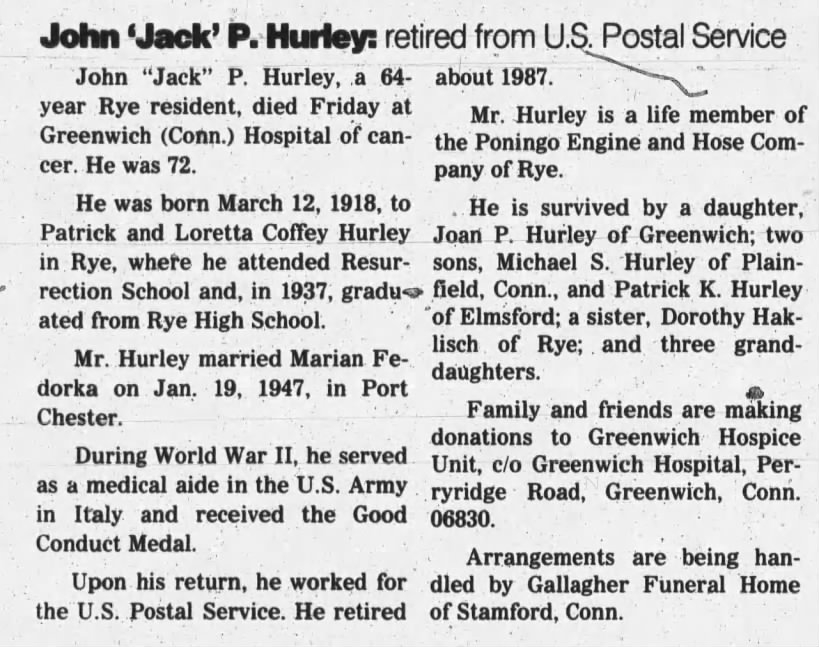 Obituary for John P Hurley (Aged 72)