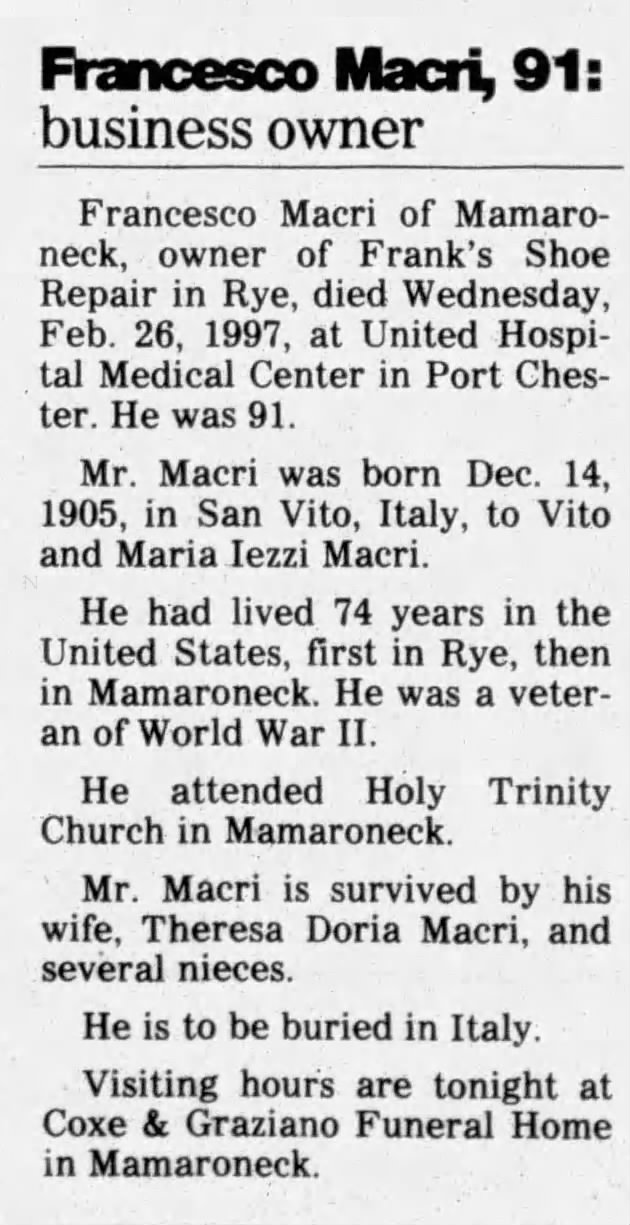 Obituary for Francesco Macri, 1905-1997 (Aged 91)