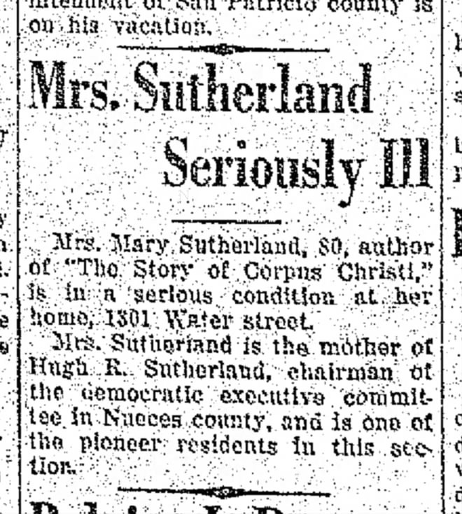 Mrs Mary A. McCrae Sutherland - serious illness
