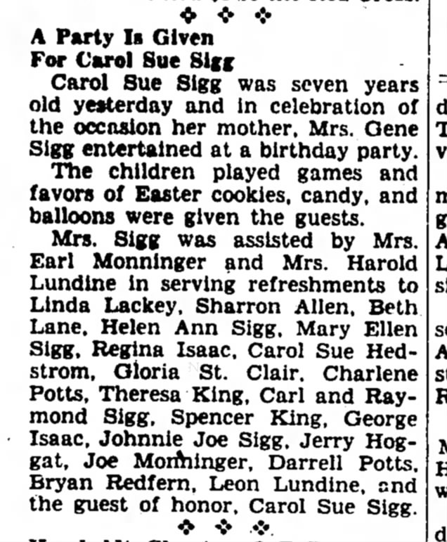 Carol Sue Sigg - Birthday 1951