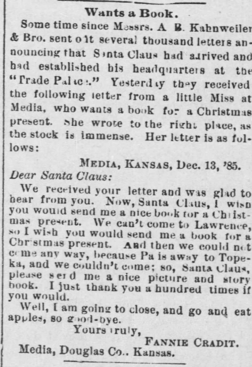 Dear Santa - Lawrence Daily Journal (KS), Dec. 16, 1885, p. 1