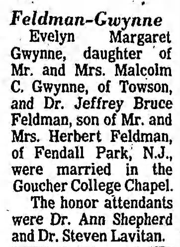 Evelyn Margaret Gwynne & Jeffrey Bruce Feldman - Marriage Announcement