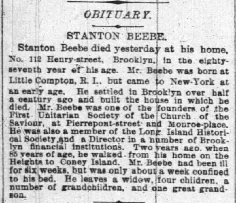 obit of Stanton Beebe, of 112 Henry Street, Brooklyn. 