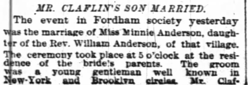 Minnie Anderson, dau of Rev William Anderson - Claflin wedding in Fordham