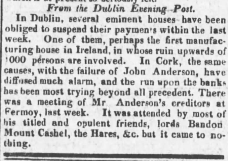 From Dublin Evening Post - John Anderson & his creditors 