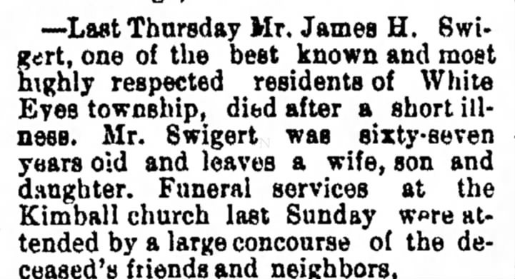James H. Swigert, born abt 1875 (obit) - survivors: wife, son & daughter