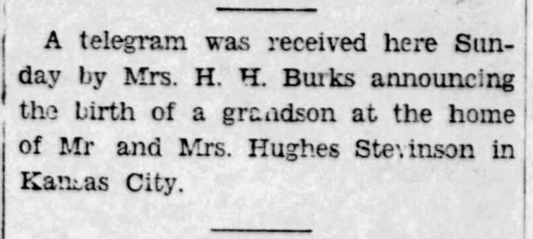 Telegram Received by Mrs. Mattie Burks Announcing the Birth of Grandson, Charles E Stevinson in KC
