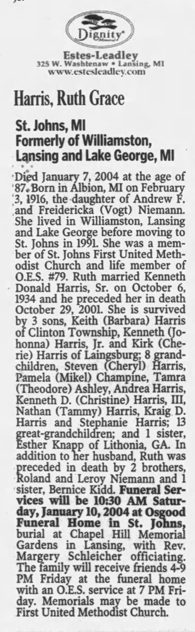 Obituary for Ruth Grace Niemann Harris